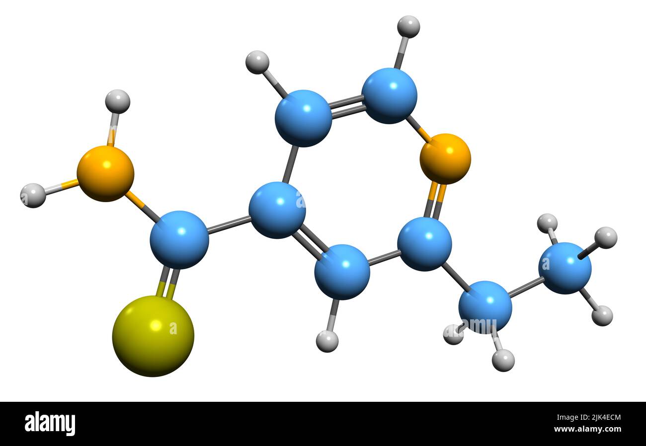 3D immagine della formula scheletrica dell'etionamide - struttura chimica molecolare dell'antibiotico della tubercolosi isolato su sfondo bianco Foto Stock