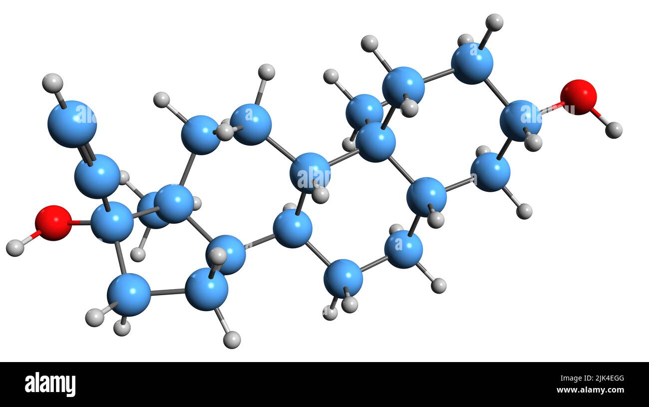 3D immagine di formula scheletrica di etinilandrostandiolo - struttura chimica molecolare di steroide sintetico androstano isolato su sfondo bianco Foto Stock