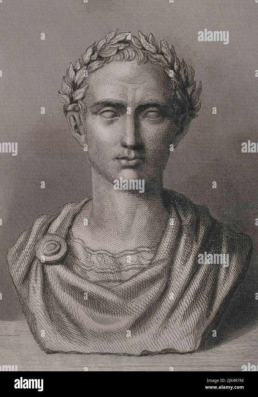 Gaio Giulio Cesare (100 a.C. - 44 a.C.). Politico romano, generale e scrittore. Nel 60 a.C. stabilì un trionfo con Pompeo e Crasso. Conquistò la Gallia. Capo dell'impero un dittatore in perpetuità (dittatore Perpetuus). Verticale. Incisione. "Historia Universal", di César Cantú. Volume II, 1854. Foto Stock