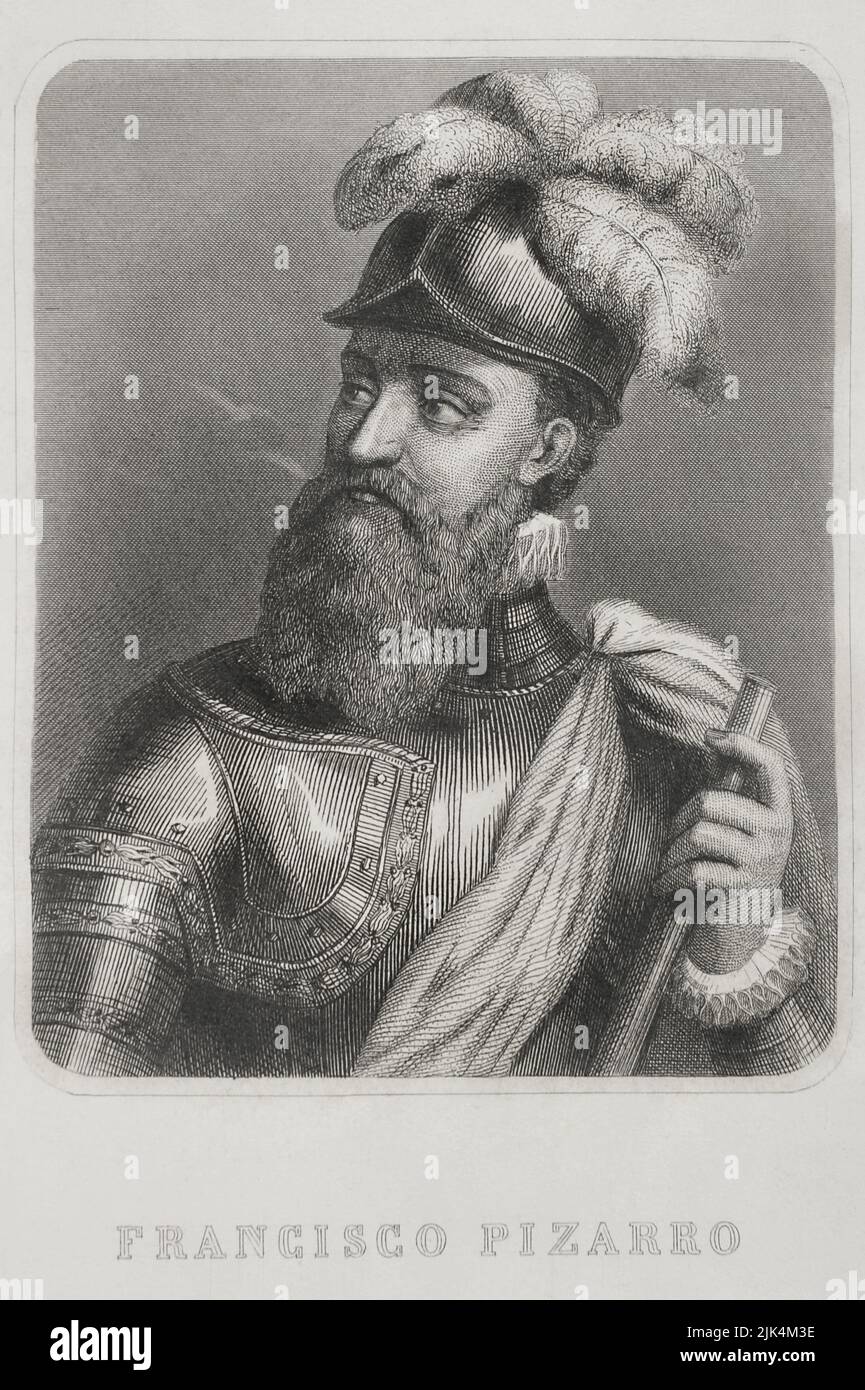 Francisco Pizarro (1478-1541). Conquistatore spagnolo dell'impero Inca. Verticale. Incisione. "Historia Universal", di César Cantú. Volume IV, 1856. Foto Stock
