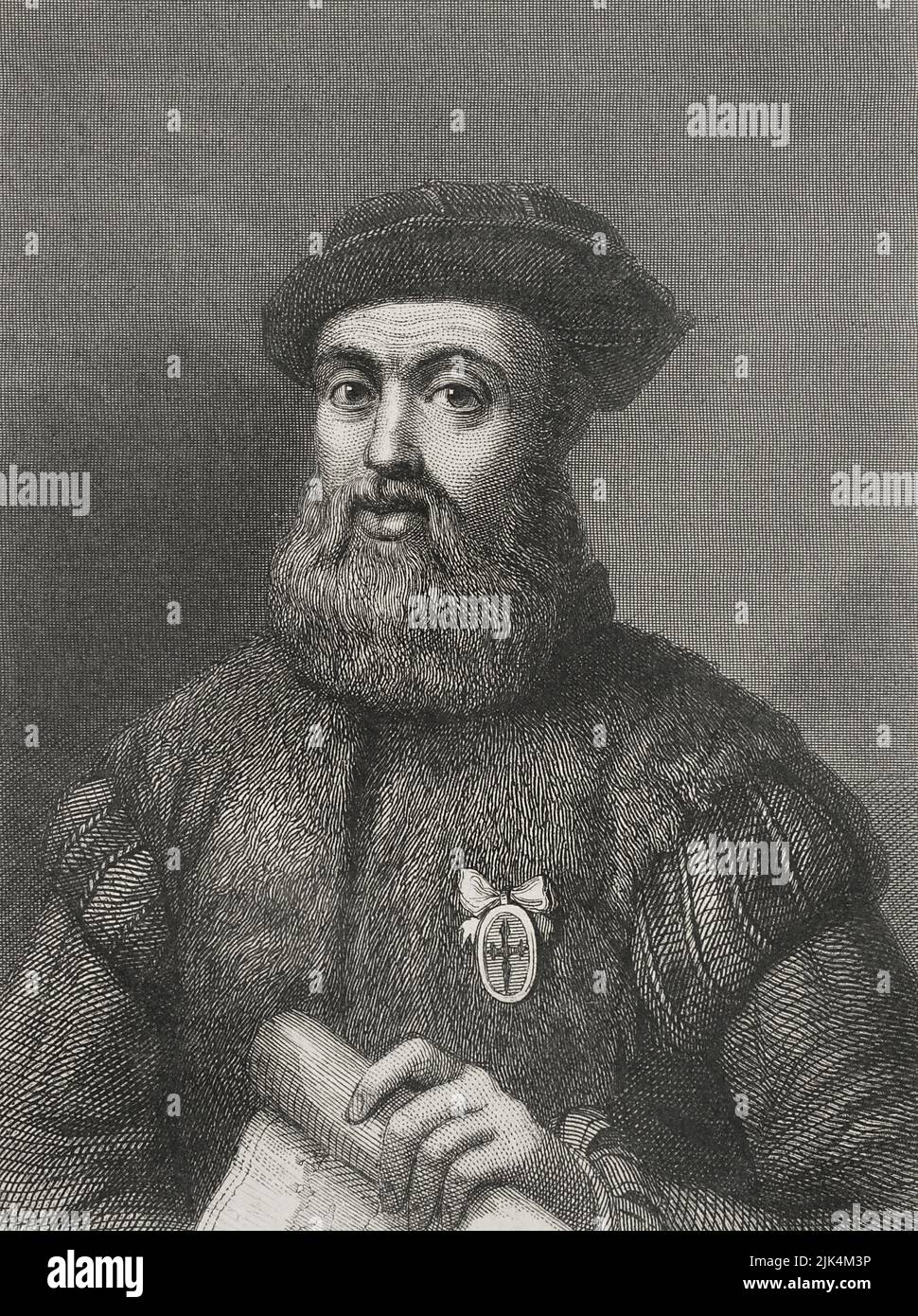 Ferdinand Magellan (1480-1521). esploratore portoghese. Verticale. Incisione di Geoffroy. "Historia Universal", di César Cantú. Volume IV, 1856. Foto Stock