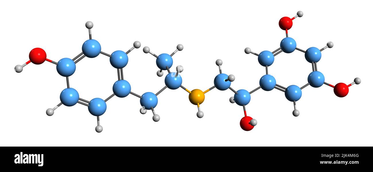 3D immagine del fenoterolo formula scheletrica - struttura chimica molecolare dell'agonista adrenorecettore isolato su sfondo bianco Foto Stock