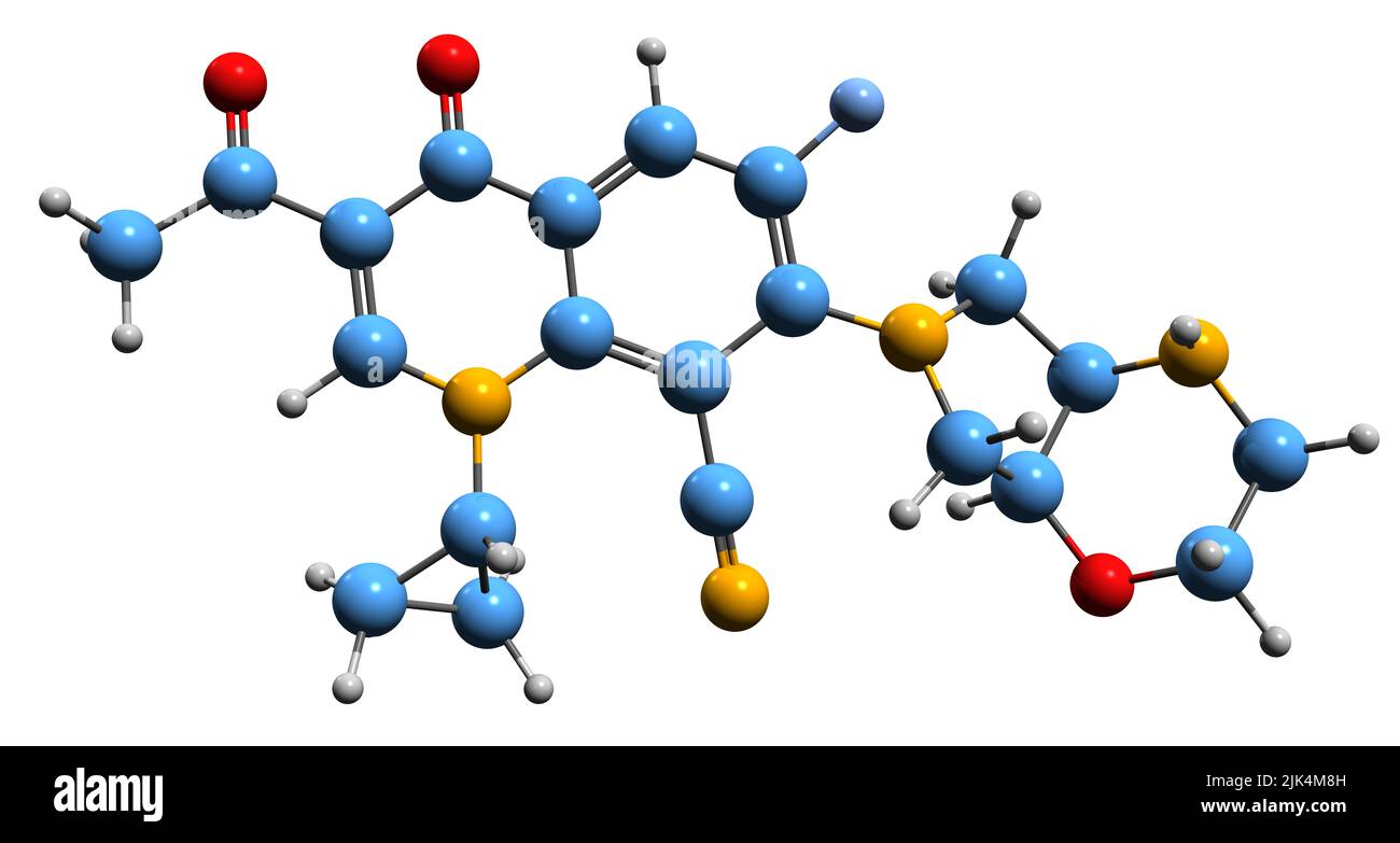 3D immagine di Finafloxacin formula scheletrica - struttura chimica molecolare di antibiotico fluorochinolone isolato su sfondo bianco Foto Stock