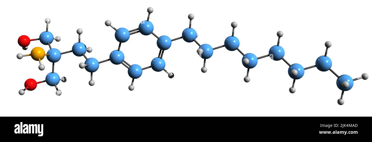 3D immagine della formula scheletrica di Fingolimod - struttura chimica molecolare del farmaco immunomodulante isolato su sfondo bianco Foto Stock