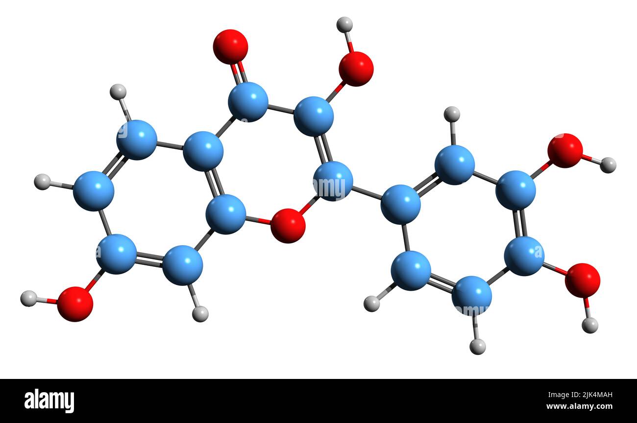 3D immagine della formula scheletrica di Fisetina - struttura chimica molecolare del flavonolo vegetale isolato su sfondo bianco Foto Stock