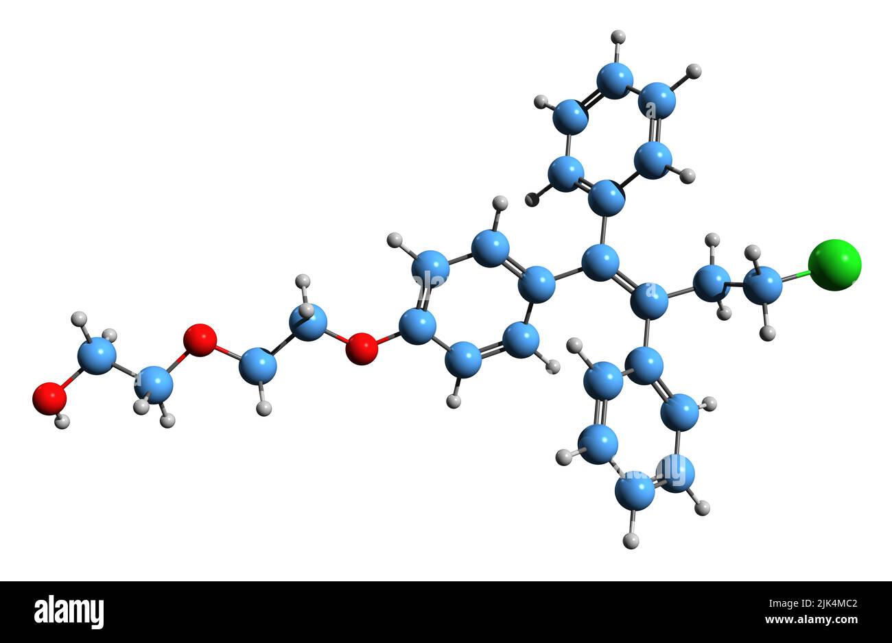 3D immagine di Fispemifene formula scheletrica - struttura chimica molecolare di modulatore non steroideo selettivo del recettore estrogenico isolato su fondo bianco Foto Stock