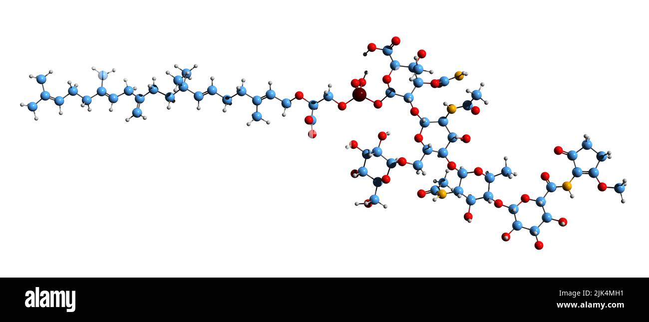 3D immagine di Flavofosfolipol formula scheletrica - struttura chimica molecolare di complesso di antibiotici Е712 isolato su sfondo bianco Foto Stock