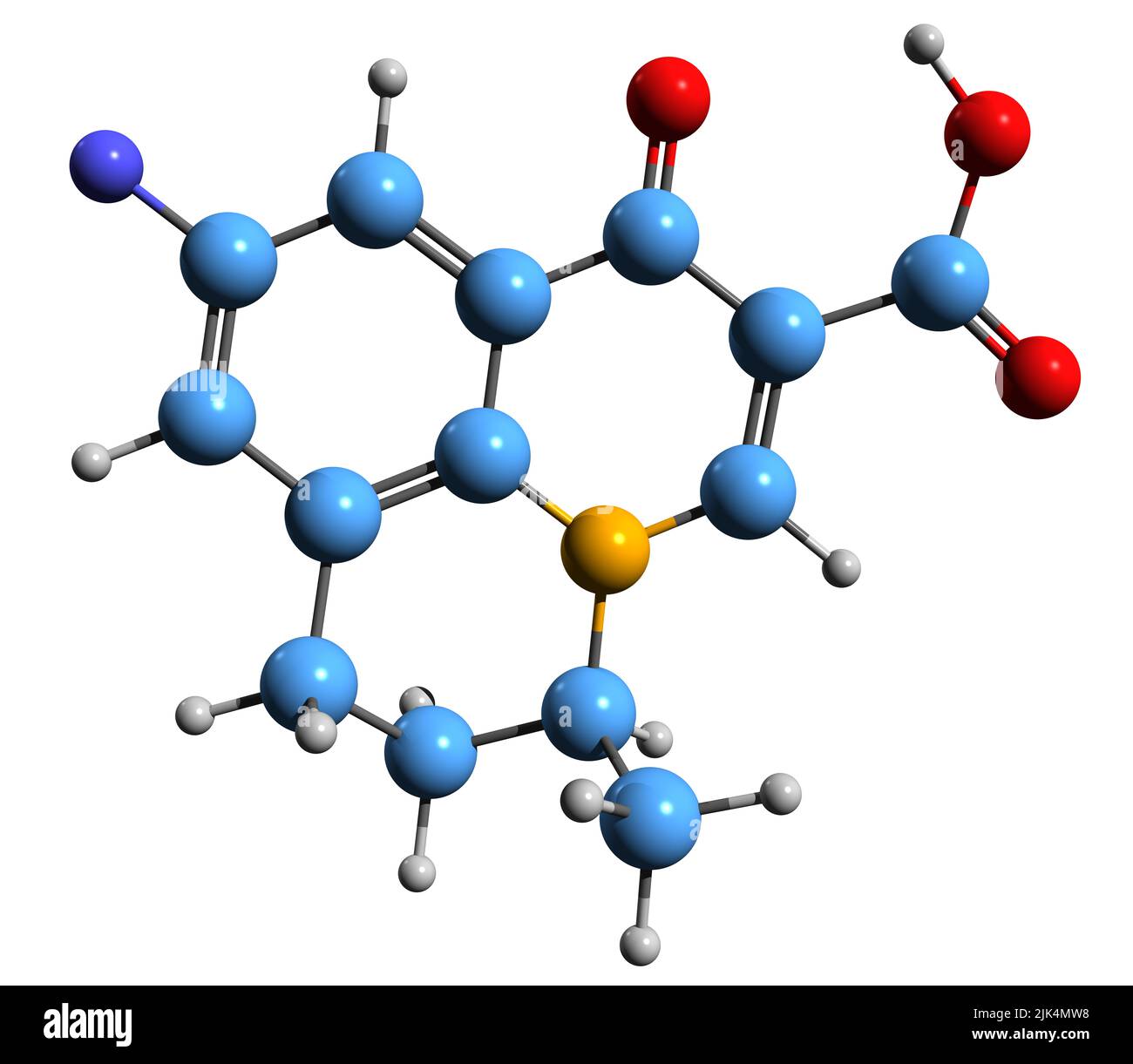 3D immagine di formula scheletrica di Flumequine - struttura chimica molecolare di antibiotico fluorochinolonico sintetico isolato su sfondo bianco Foto Stock