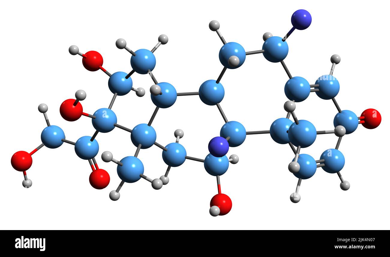3D immagine della formula scheletrica del fluocinolone - struttura chimica molecolare del corticosteroide dermatologico isolato su sfondo bianco Foto Stock