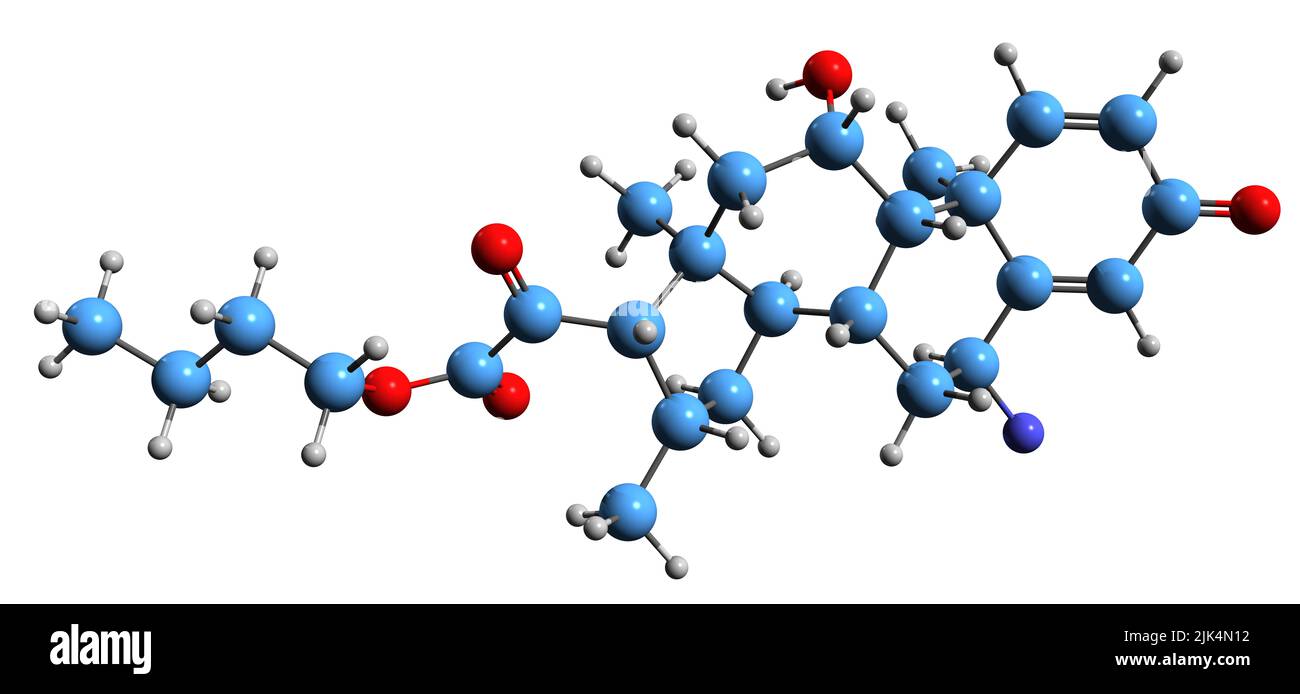 3D immagine di Fluorocortin butil scheletrico formula - struttura chimica molecolare di corticosteroide glucocorticoideo sintetico isolato su sfondo bianco Foto Stock