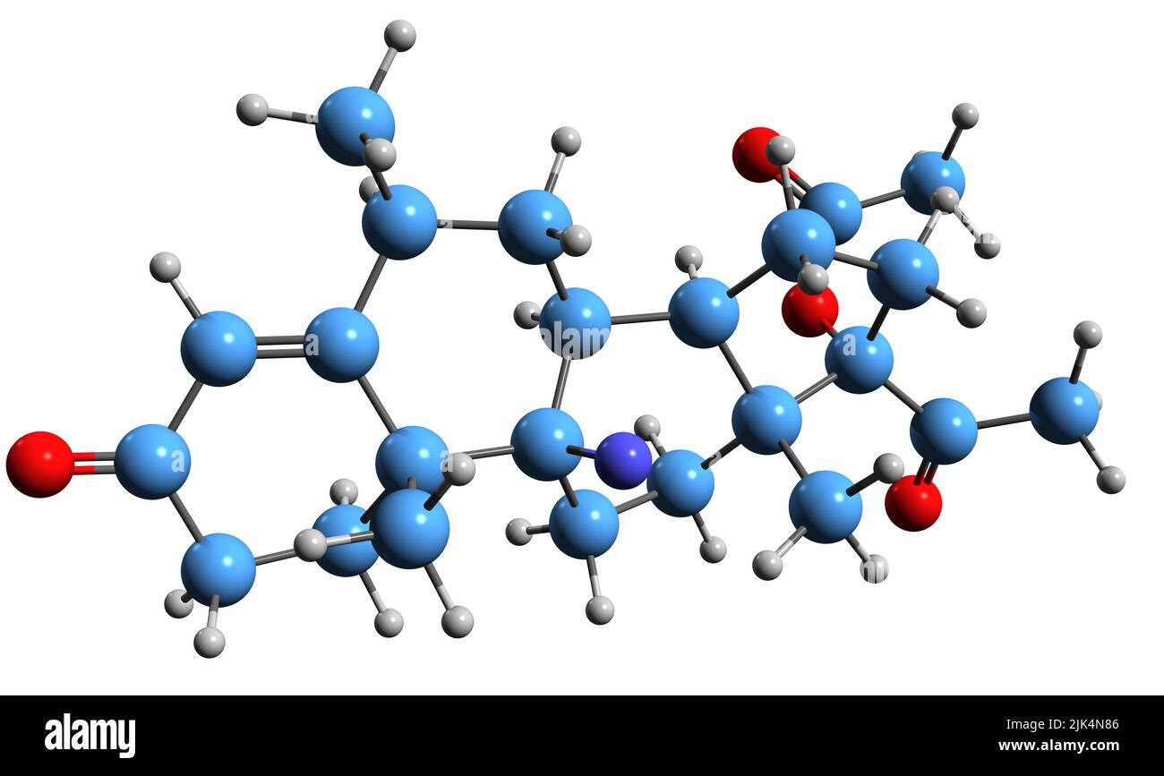 3D immagine di Fluoromedroxyprogesterone acetato formula scheletrica - struttura chimica molecolare di inibitore dell'angiogenesi isolato su sfondo bianco Foto Stock