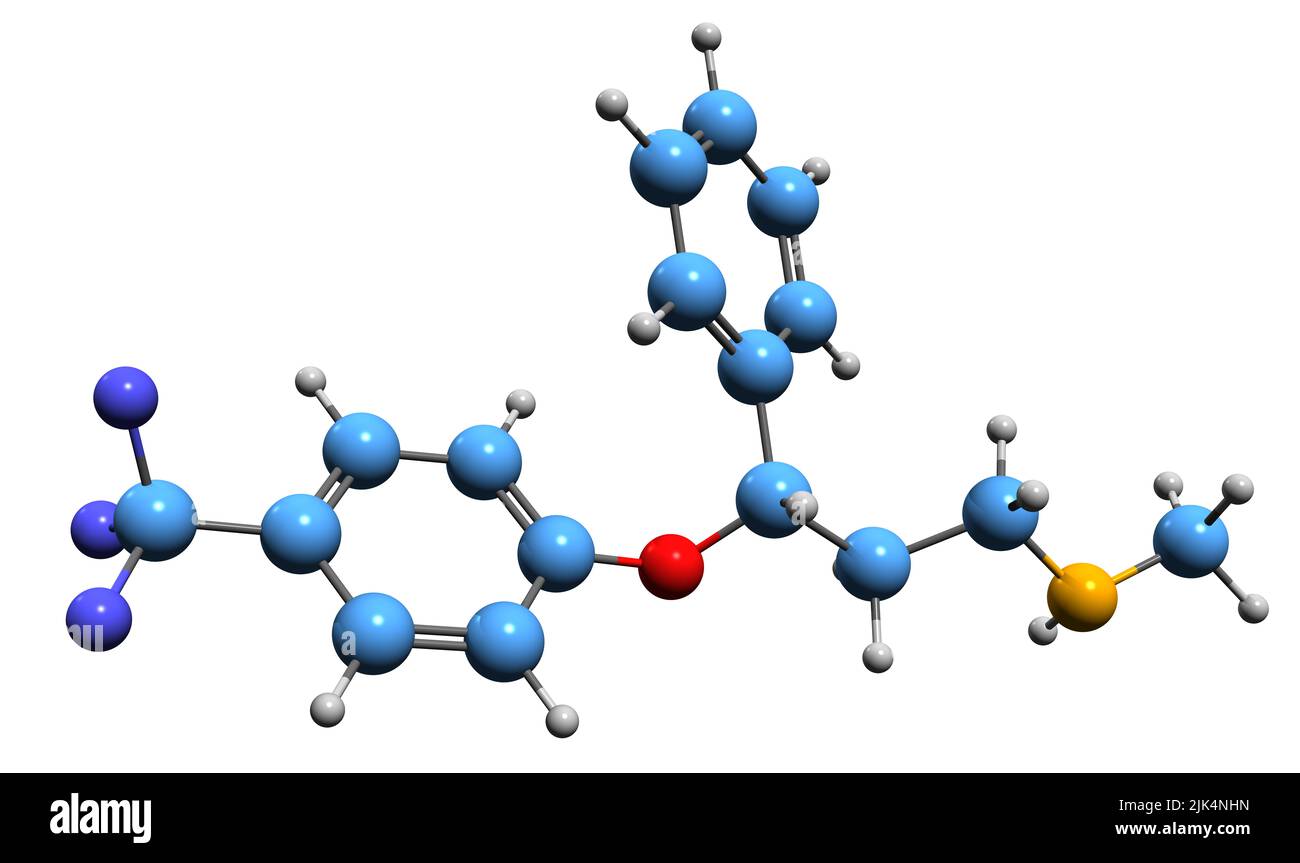3D immagine della formula scheletrica di fluoxetina - struttura chimica molecolare dell'antidepressivo isolato su sfondo bianco Foto Stock