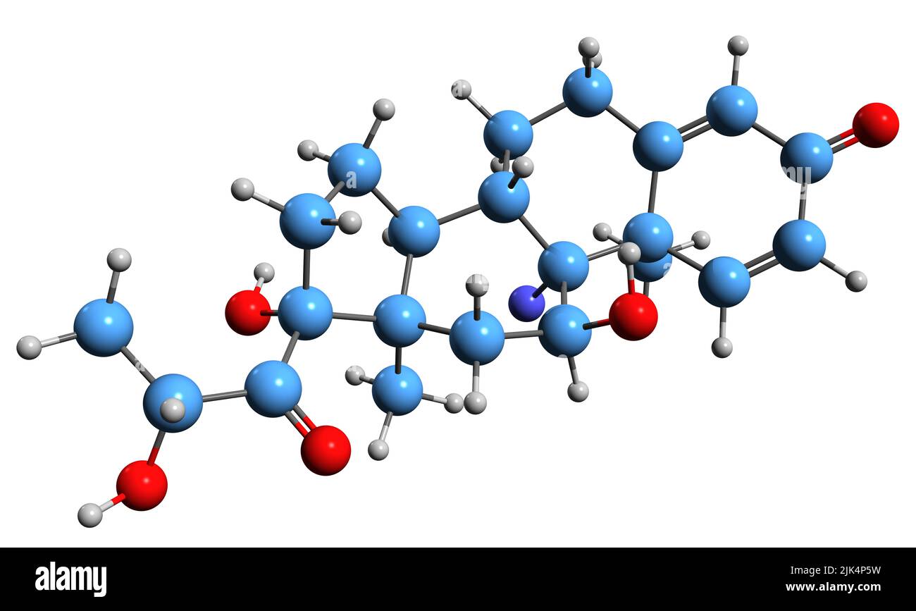 3D immagine della formula scheletrica di Fluperolone - struttura chimica molecolare del corticosteroide glucocorticoide sintetico isolato su sfondo bianco Foto Stock