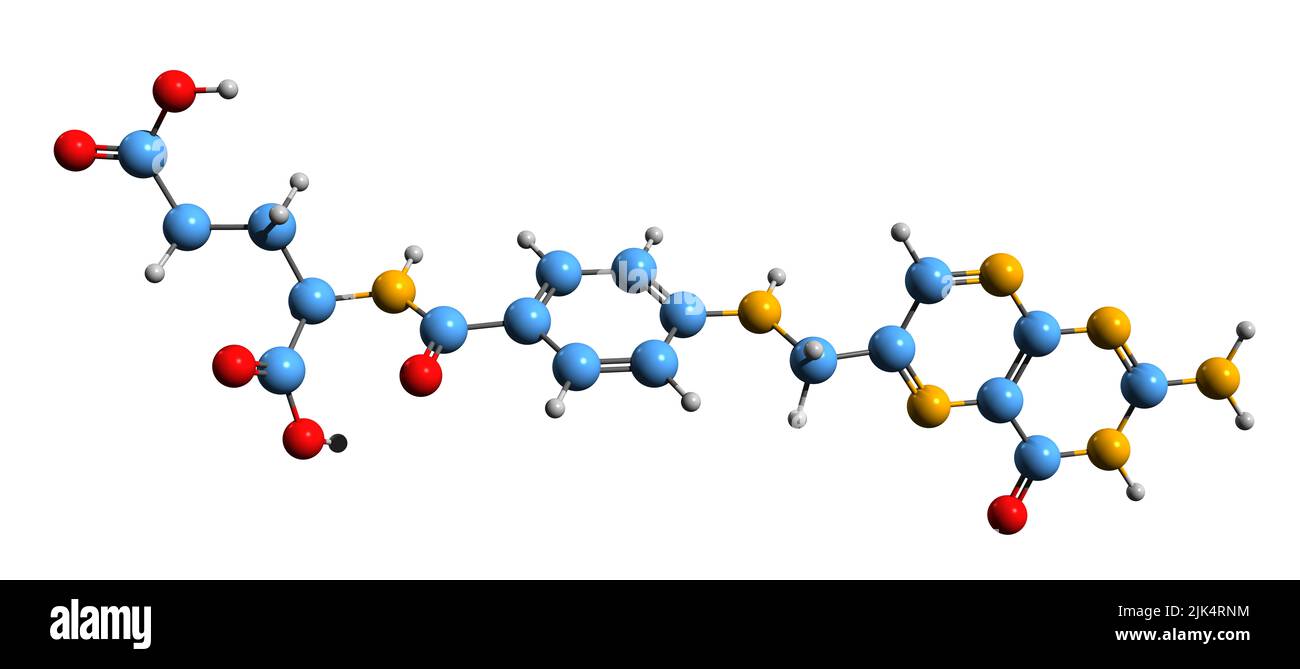 3D immagine della formula scheletrica folata - struttura chimica molecolare della vitamina B9 isolata su sfondo bianco Foto Stock