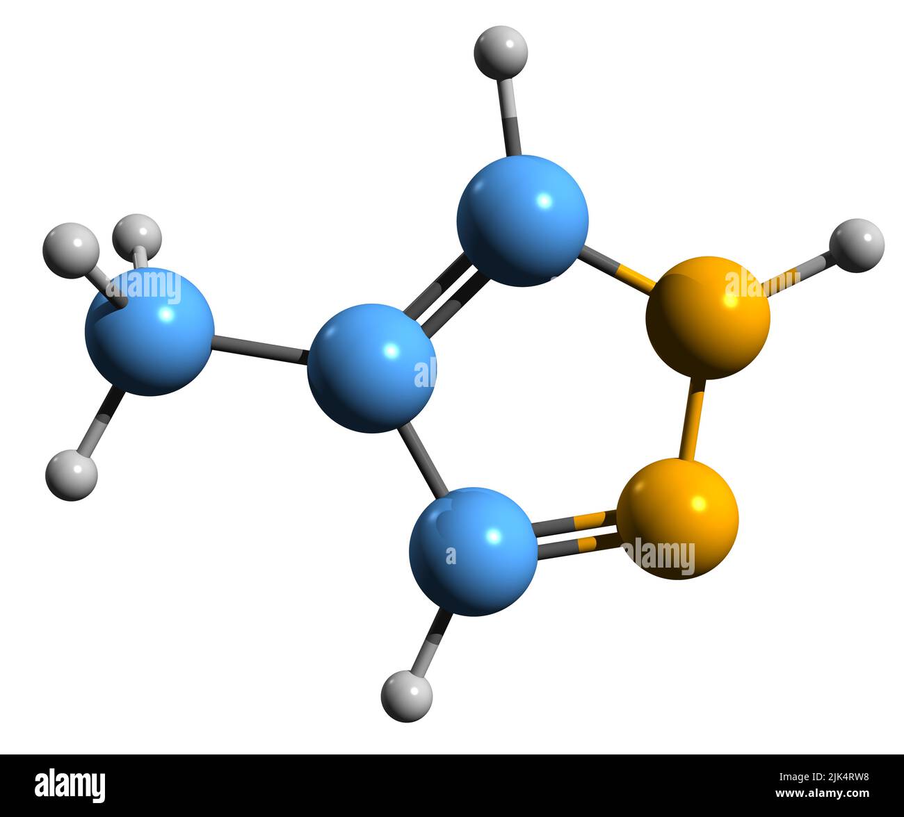 3D immagine della formula scheletrica del Fomepizolo - struttura chimica molecolare del 4-metilpirazolo isolato su sfondo bianco Foto Stock