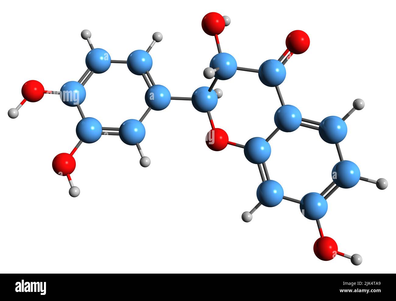 3D immagine della formula scheletrica della fustina - struttura chimica molecolare del flavanonolo diidrofisetina isolata su sfondo bianco Foto Stock