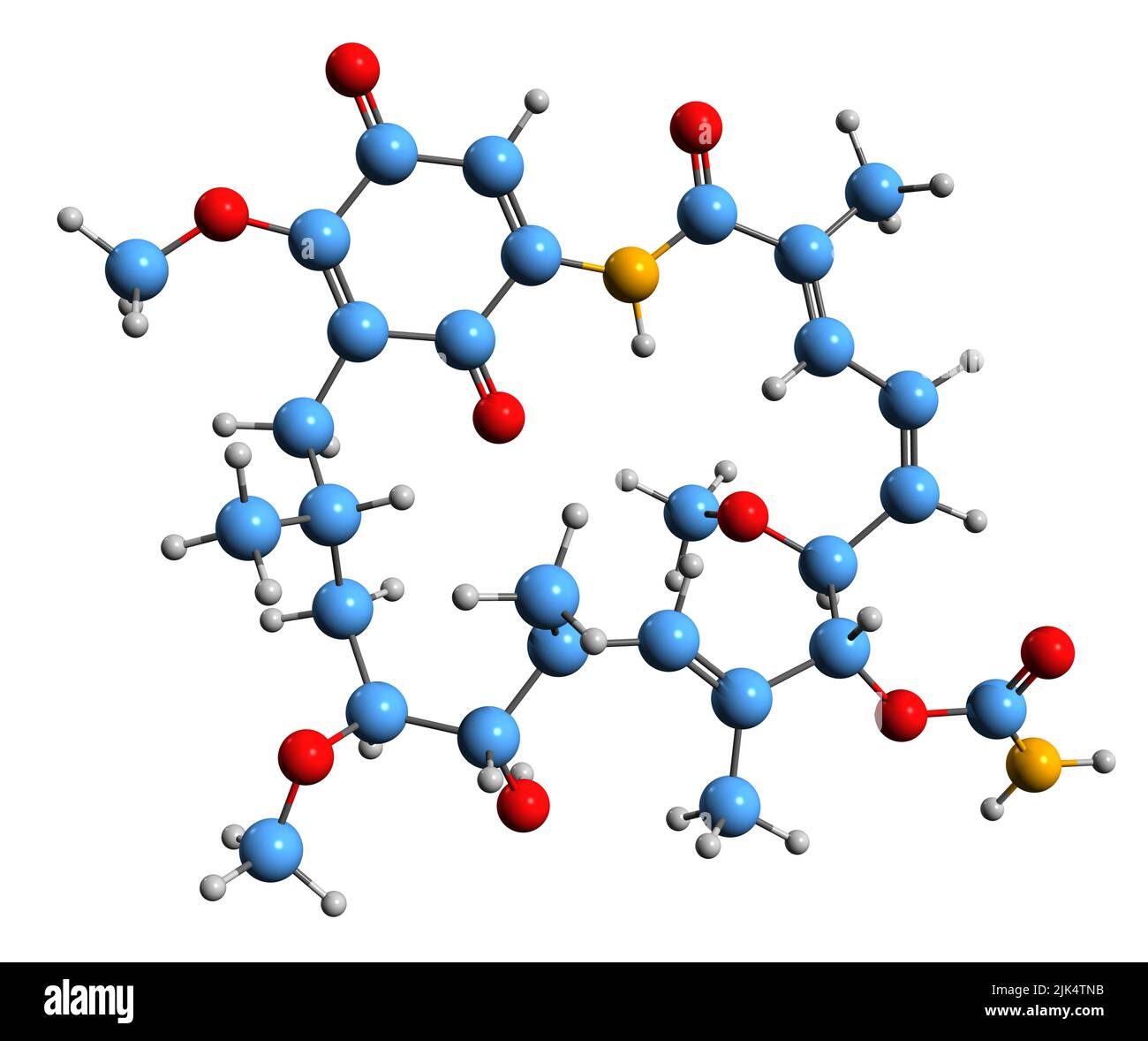 3D immagine di geldanamicina formula scheletrica - struttura chimica molecolare di 1 4-benzochinone ansamicina antitumorale antibiotico isolato su fondo bianco Foto Stock