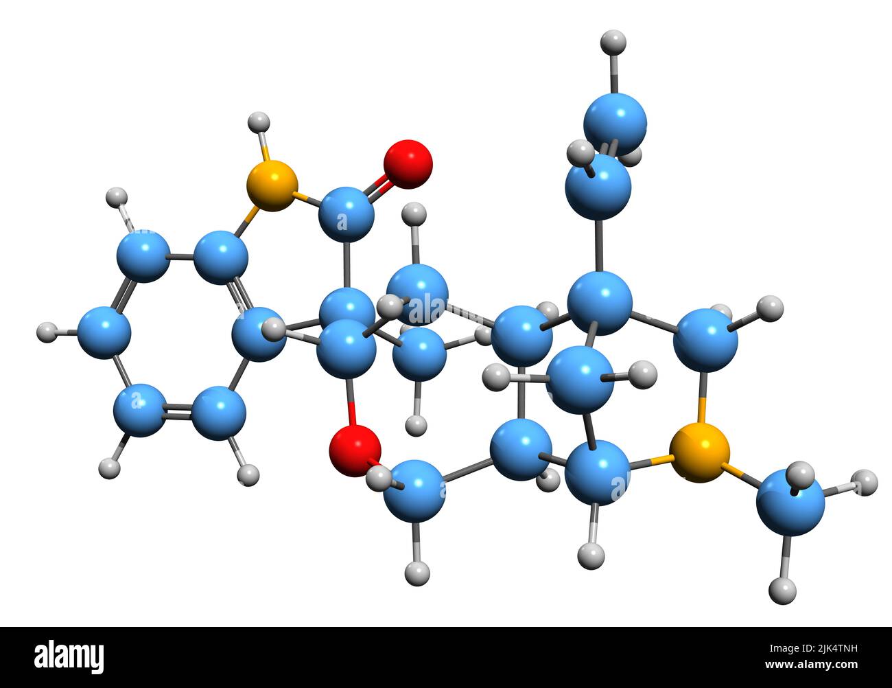 3D immagine della formula scheletrica della gelsemina - struttura chimica molecolare dell'alcaloide dell'indolo isolato su sfondo bianco Foto Stock