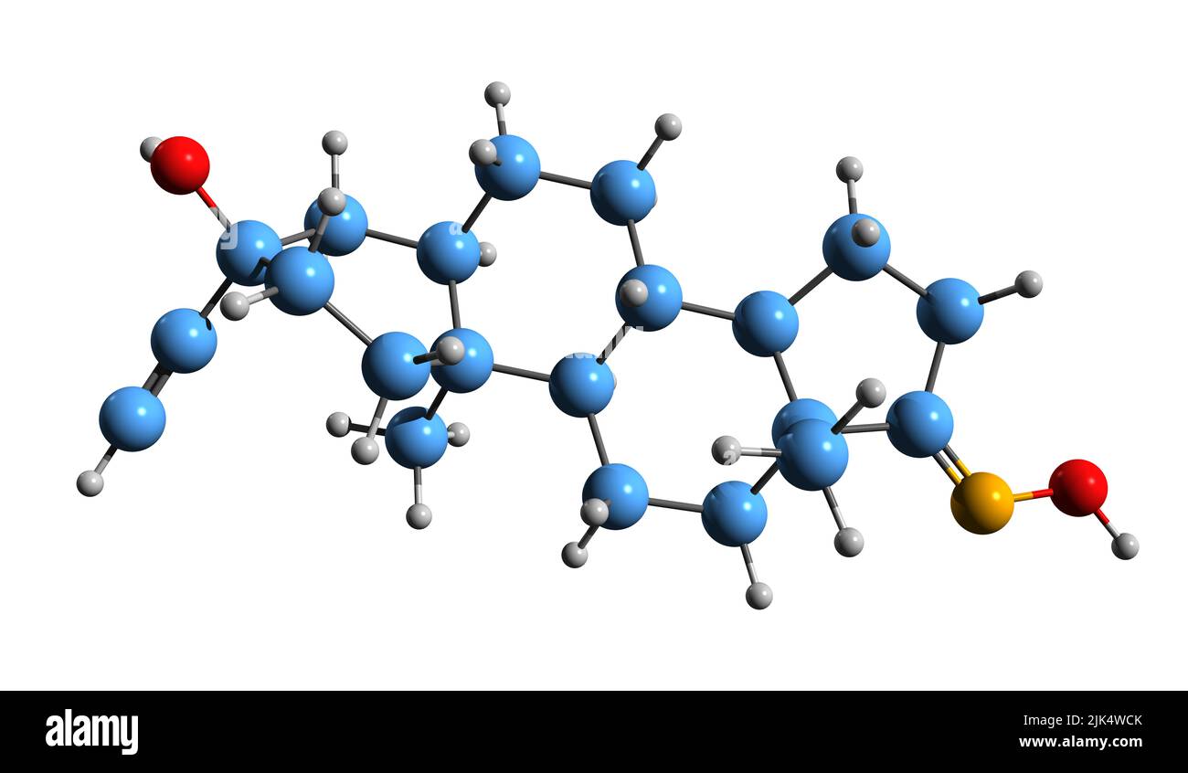 3D immagine della formula scheletrica di Golexanolone - struttura chimica molecolare di farmaci neurosteroidi isolati su sfondo bianco Foto Stock