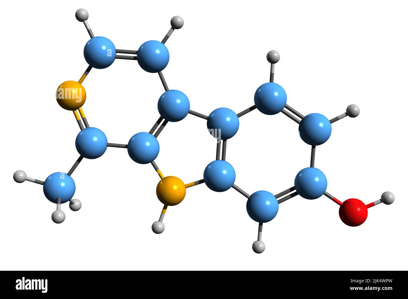 3D immagine della formula scheletrica di Harmol - struttura chimica molecolare del metabolita dell'harmine isolato su sfondo bianco Foto Stock