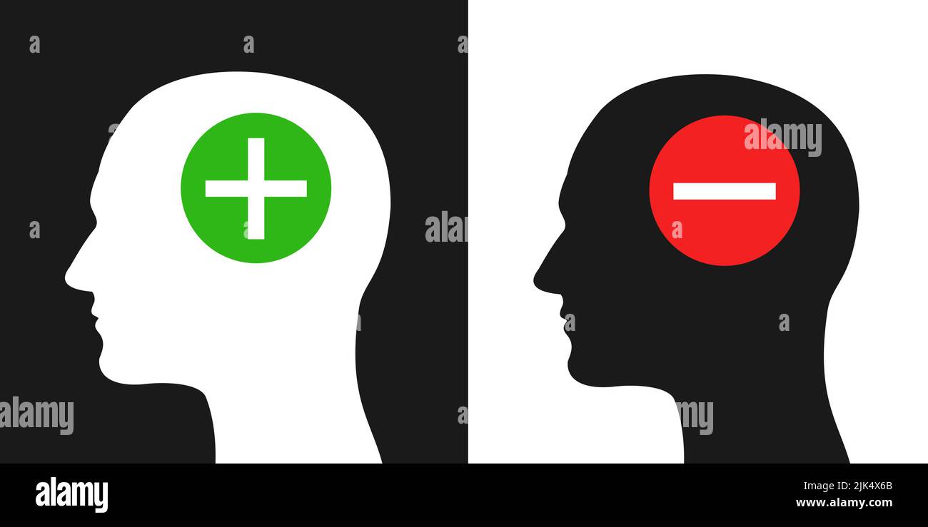 Uomo, uomo e carattere con pensiero positivo o negativo, mente e atteggiamento mentale. Silhouette della testa con più o meno. Isolo di illustrazione vettoriale Foto Stock
