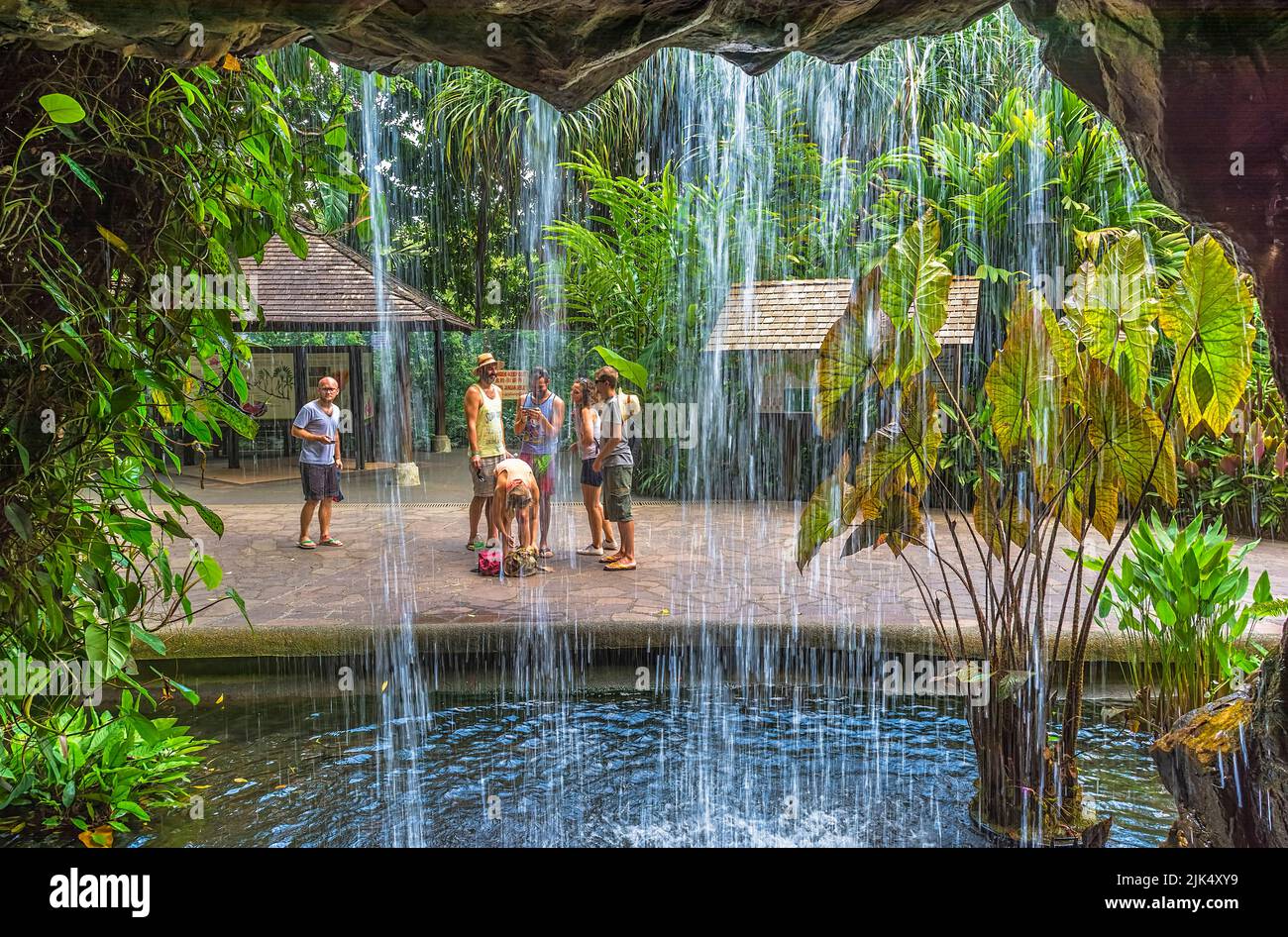 Visitatori di fronte a una cascata ai Giardini Botanici di Singapore Foto Stock