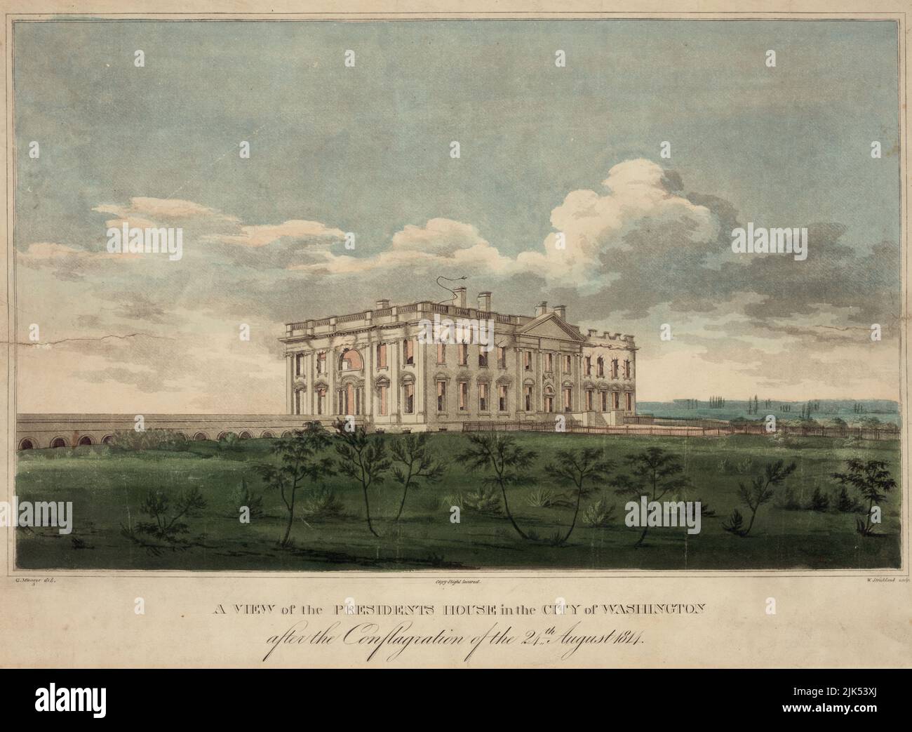 Una vista della Casa dei presidenti - la Casa Bianca - nella città di Washington dopo la conflagrazione del 24th agosto 1814 . La stampa mostra una vista dal nord-est della Casa Bianca, danneggiata dal fuoco, un risultato della Guerra del 1812. Il 24 agosto 1814, il generale britannico Robert Ross guidò le sue truppe a Washington con l'ordine rigoroso di bruciare solo edifici pubblici. Il 25 agosto, un tornado ha attraversato la città, portando piogge torrenziali che hanno abbattuto sia gli incendi che il desiderio britannico di perseguire ulteriori azioni a Washington. George Munger disegno. Foto Stock