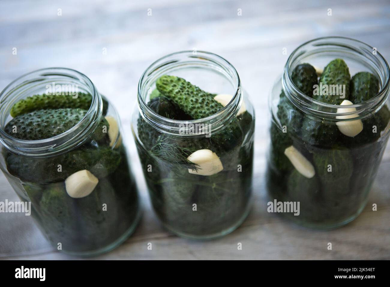 Il processo di inscatolamento dei cetrioli sottaceto per l'inverno, sottaceti cetrioli in vasi di vetro da vicino. Foto Stock