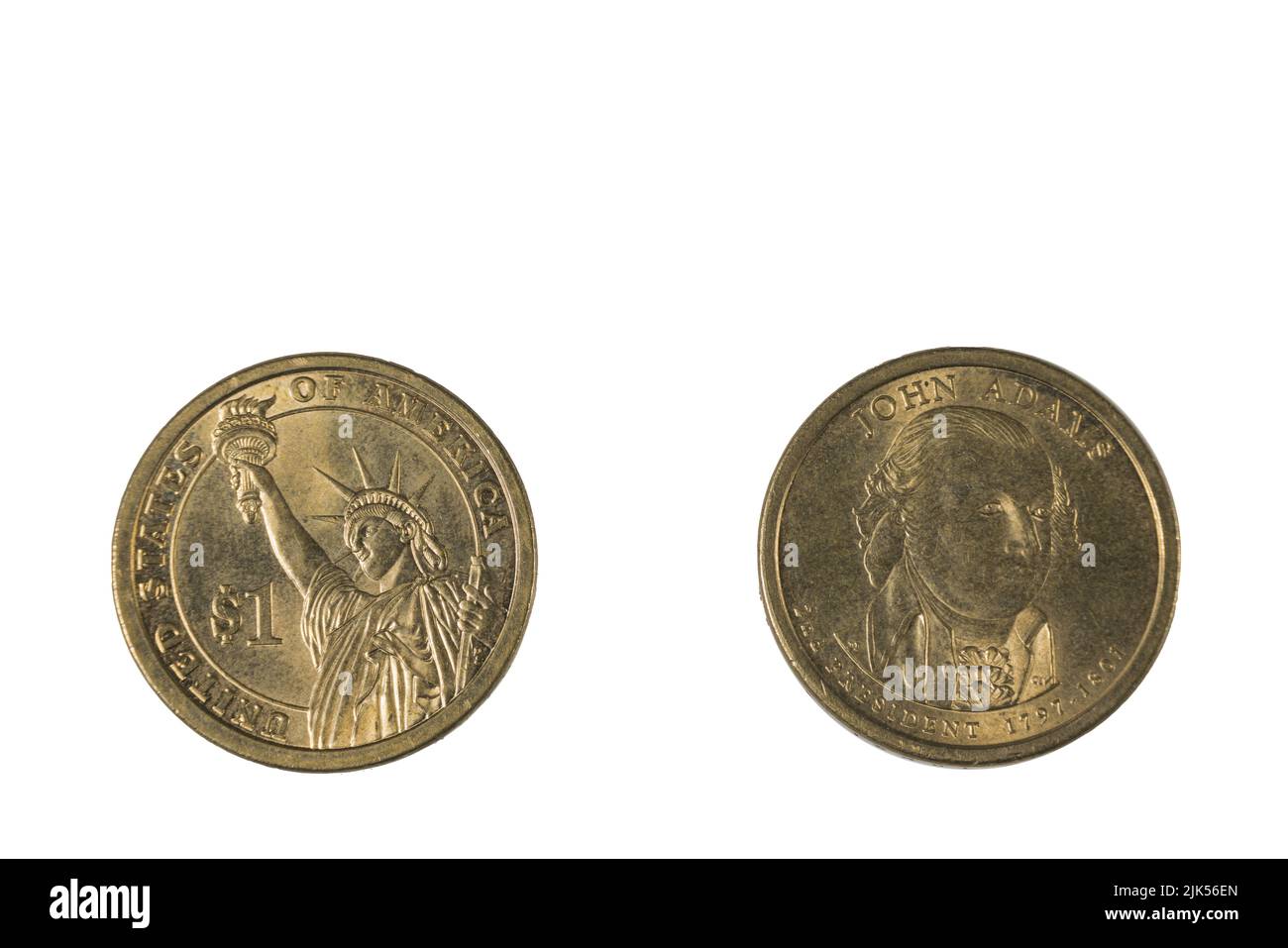 Primo piano di una moneta a forma di dollaro con l'immagine del secondo presidente degli Stati Uniti, John Adams, sul retro della moneta. Foto Stock