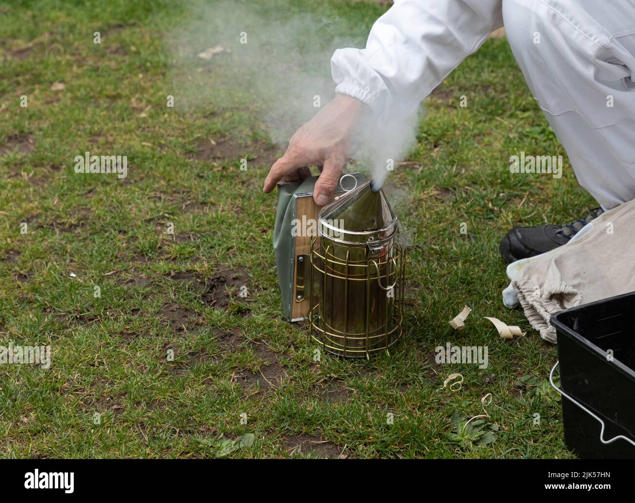 Apicoltore che si accovacciano sull'erba e illumina il suo impianto di fumo che sta emettendo fumo Foto Stock