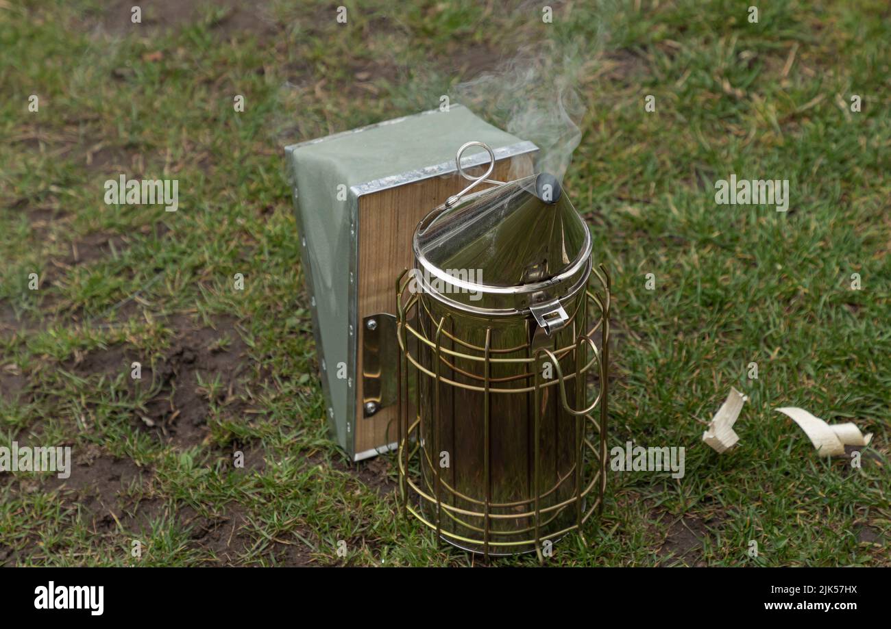 Primo piano di un'attrezzatura per fumare degli apicoltori con fumo che esce dall'ugello Foto Stock