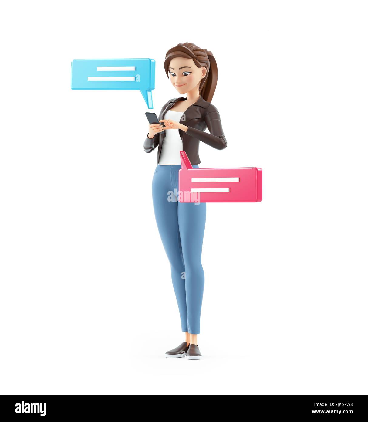 3d fumetto donna invio di messaggi di testo con smartphone, illustrazione isolata su sfondo bianco Foto Stock