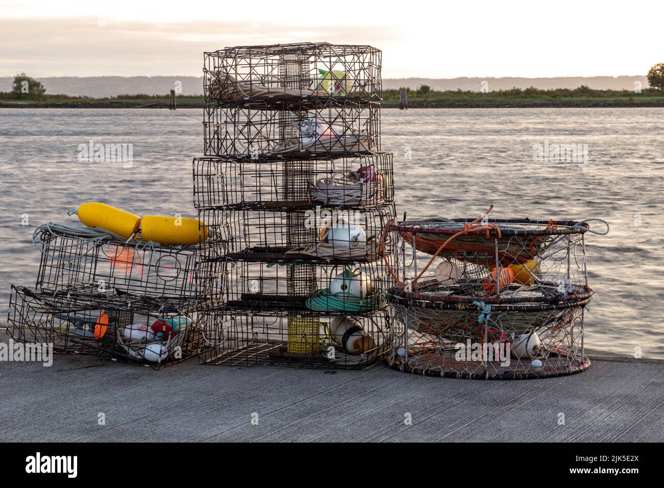 Gabbie di granchio sul molo di Everett Marina. Foto Stock
