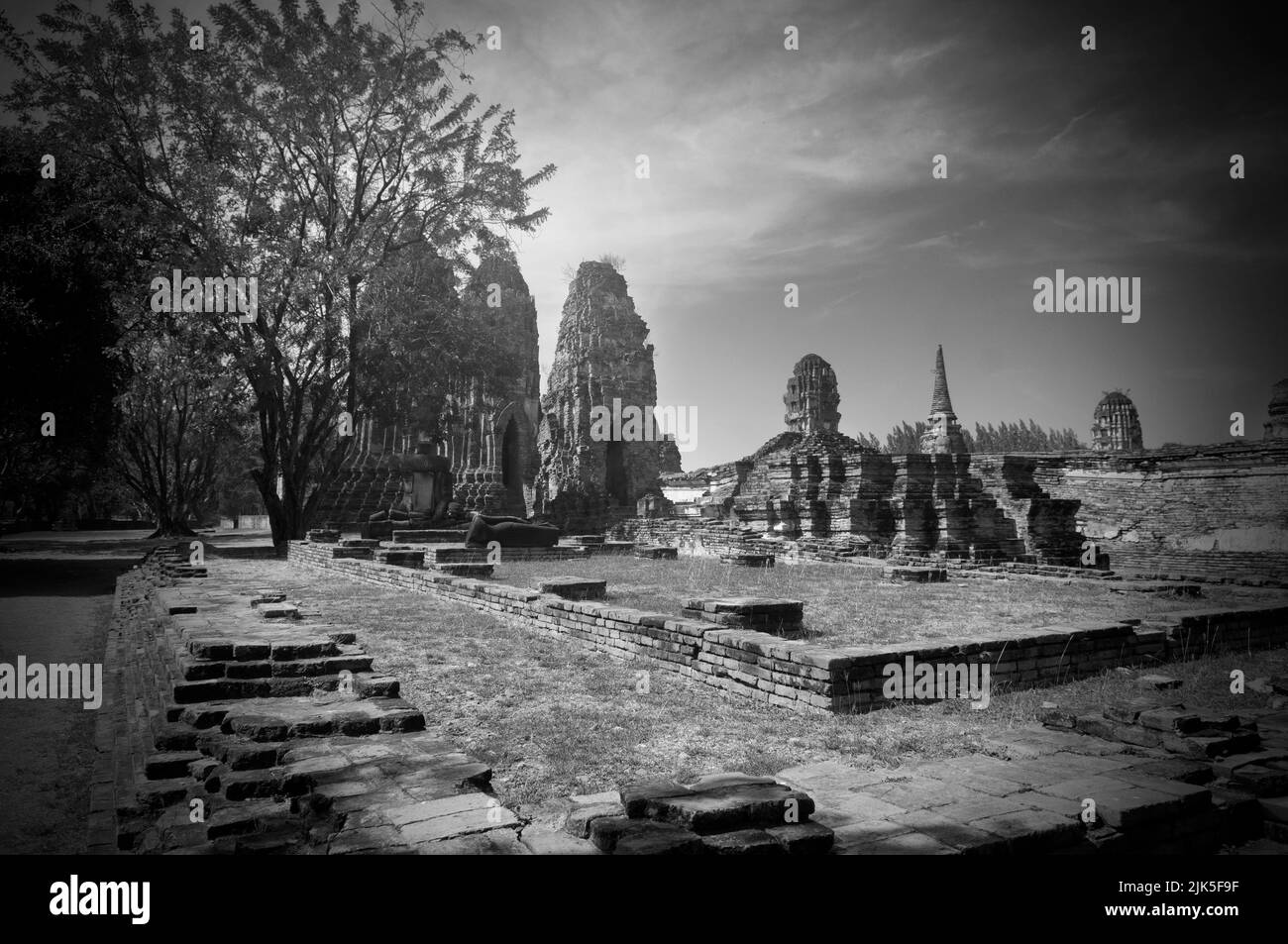 Foto monocromatica delle rovine di antichi templi e palazzi nel Parco storico di Ayutthaya, famosa attrazione storica. Foto Stock
