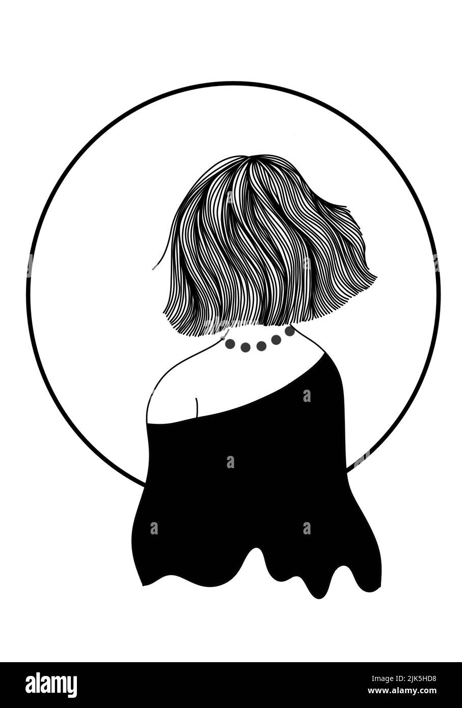 Una ragazza e la luna. Un disegno di silhouette in bianco e nero per sfondo, logo e altre esigenze di illustrazione Foto Stock