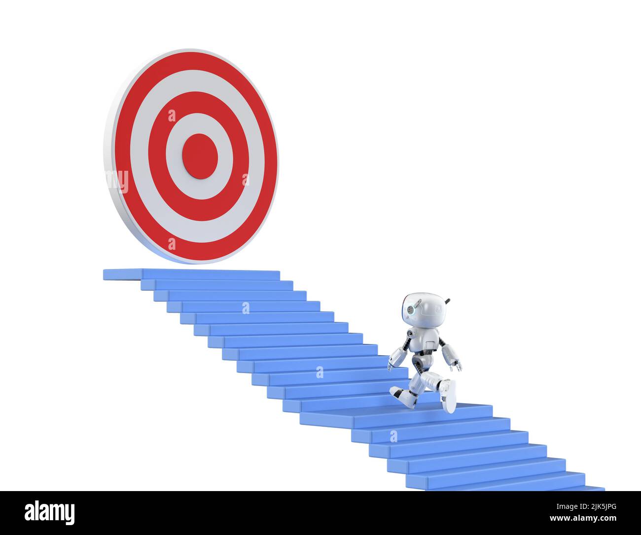 Tecnologia per il concetto di target aziendale con 3D robot di rendering che sale le scale fino al target Foto Stock