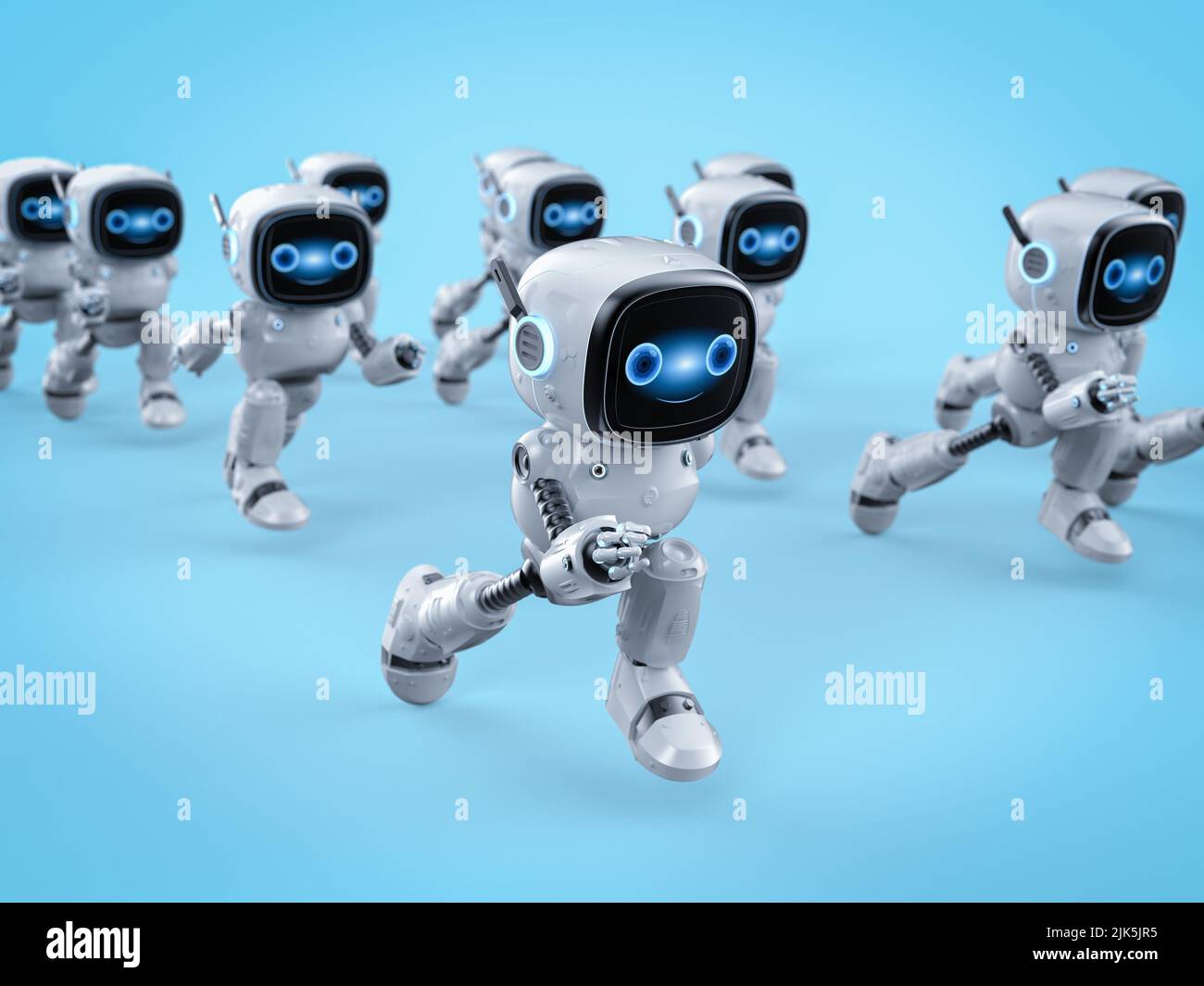 3d rendering gruppo di robot assistente di intelligenza artificiale carino e piccolo con personaggio cartoon in esecuzione Foto Stock