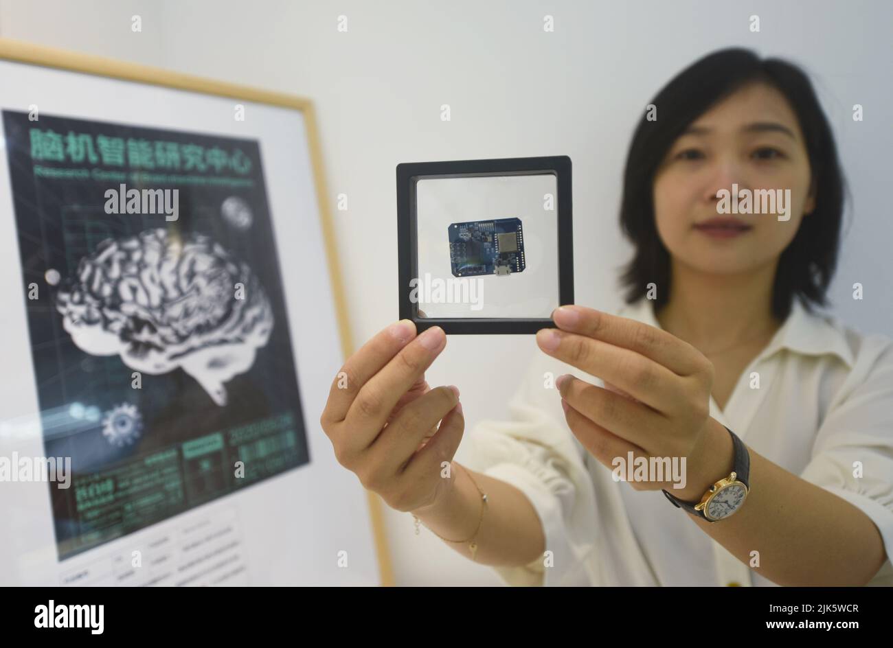 HANGZHOU, CINA - 31 LUGLIO 2022 - un dispositivo di regolazione neurale cablato ad alta precisione ad anello chiuso con chip cerebrale auto-sviluppato è raffigurato in mostra Foto Stock