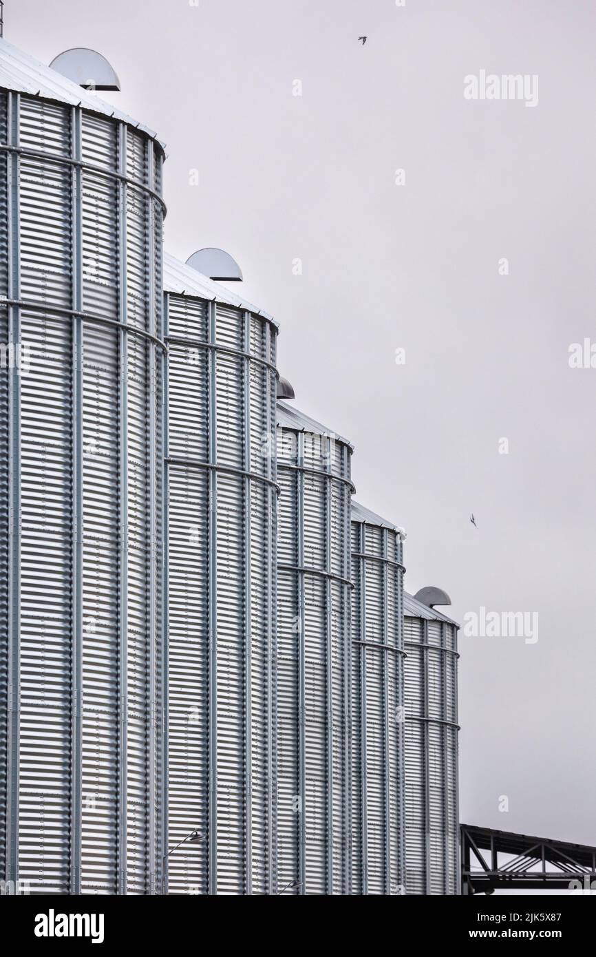 Silos in acciaio zincato per stoccaggio grani Foto Stock