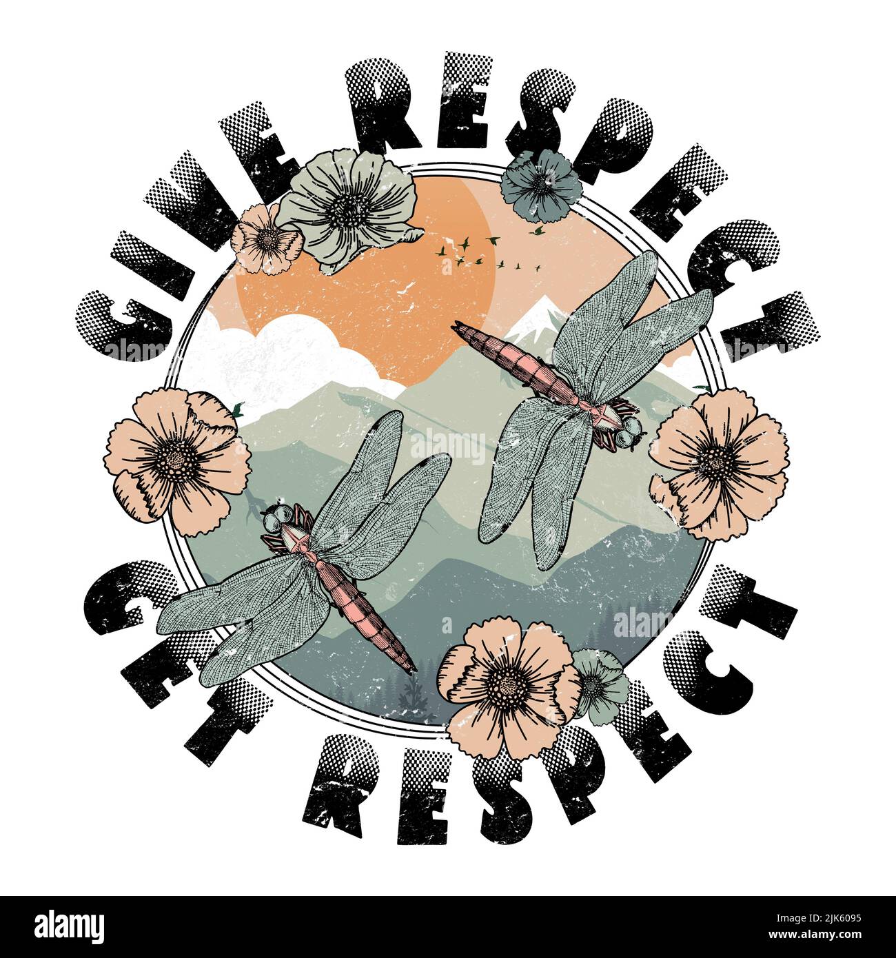 Give RESPECT - Get RESPECT - Vintage Dragonflies Graphic Foto Stock