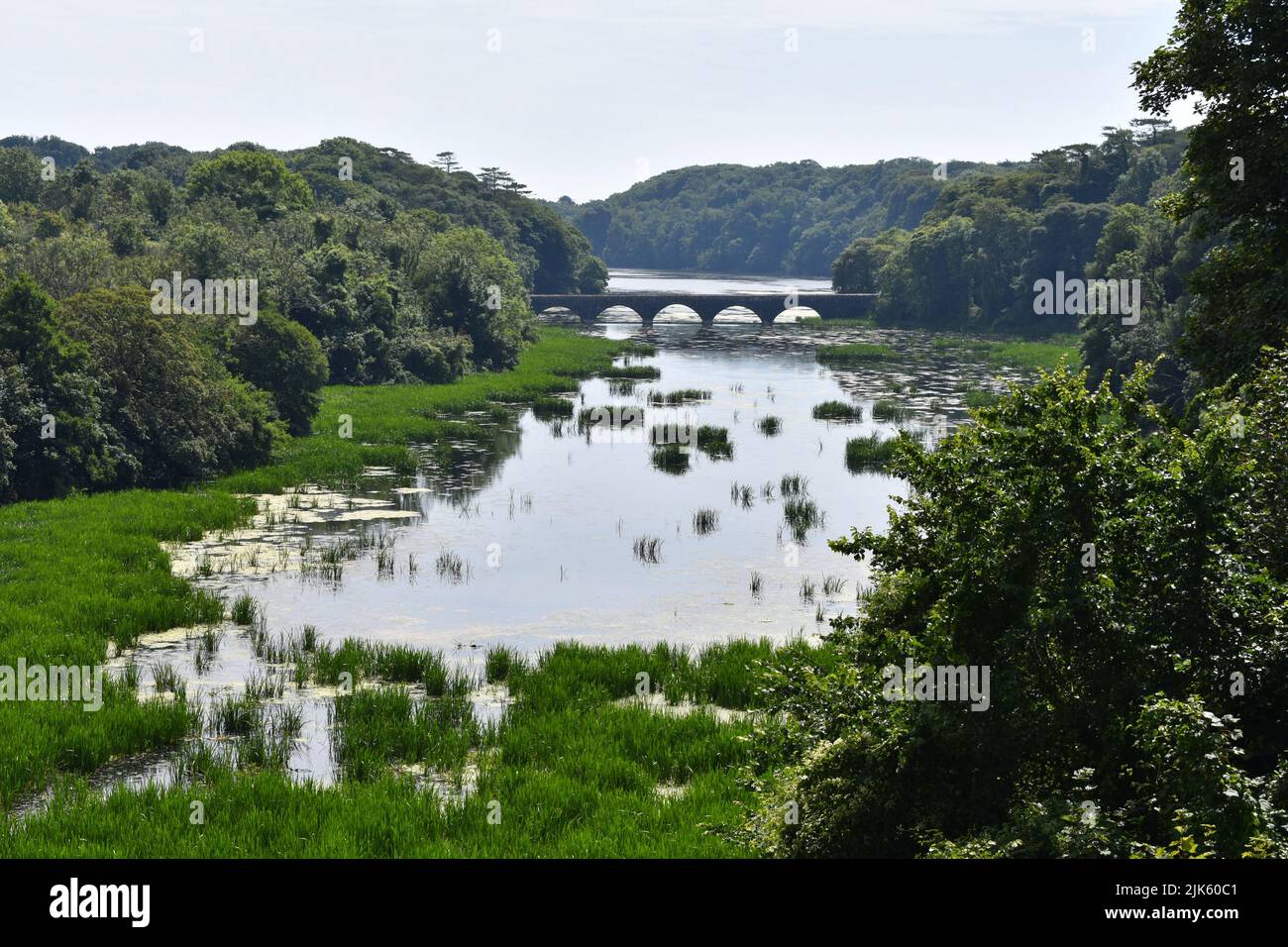 Vista da Stackpole Court verso il ponte ad arco di grado II elencato 8, Stackpole, Pembrokeshire, Galles Foto Stock