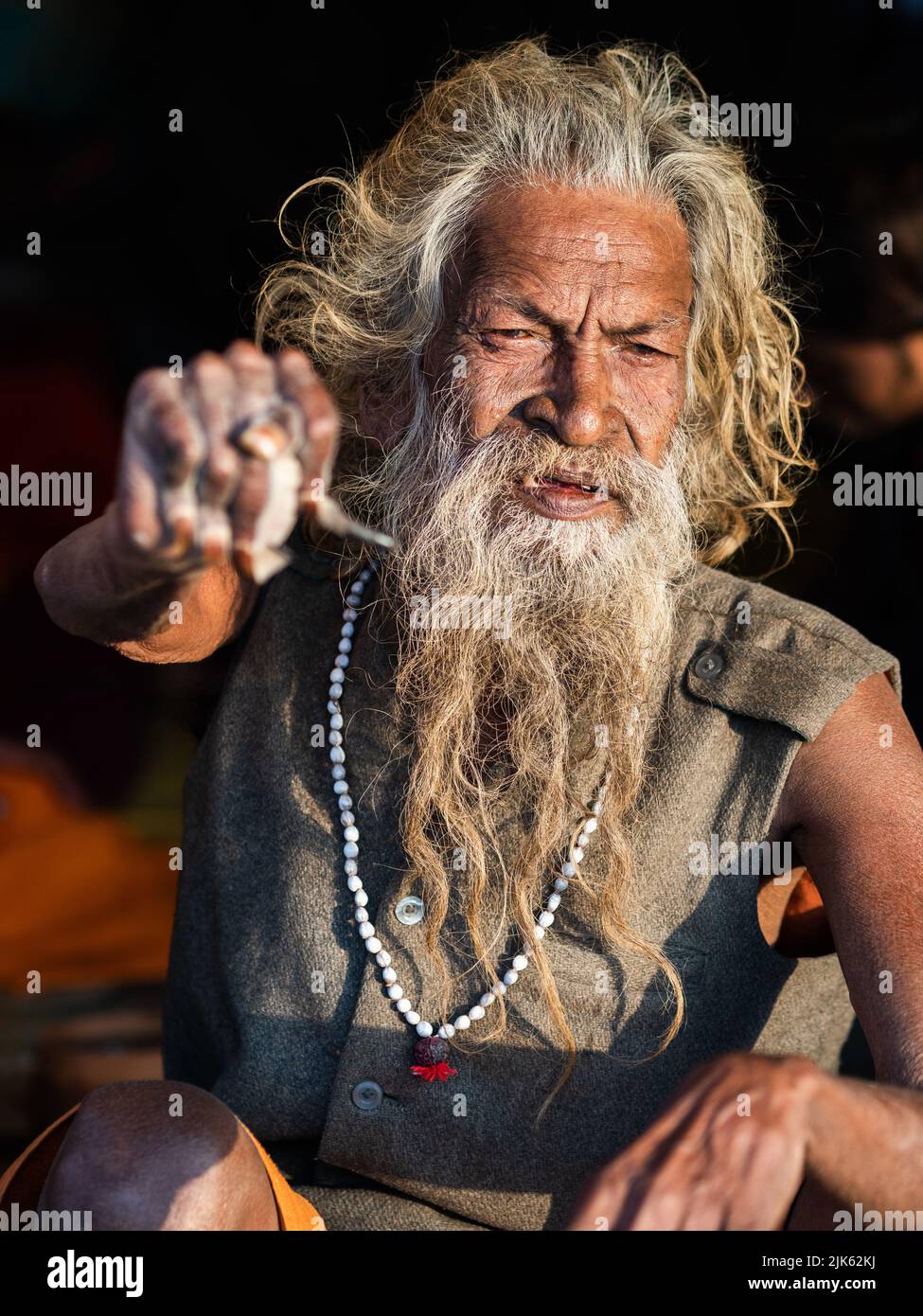 L'uomo santo indiano Amar Bharati Urdhavaahu, che ha tenuto il suo braccio sollevato per oltre 40 anni in onore del Dio indù Shiva, al Festival Kumbh Mela in India. Foto Stock