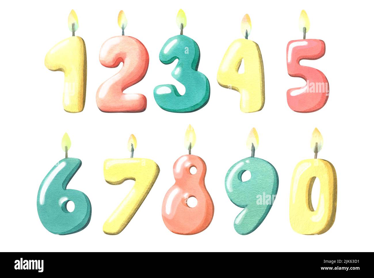 Candele volumetriche per torte e decorazioni in forma di numeri con fuoco. Illustrazione dell'acquerello. Gli oggetti isolati da un grande set sono FELICI Foto Stock