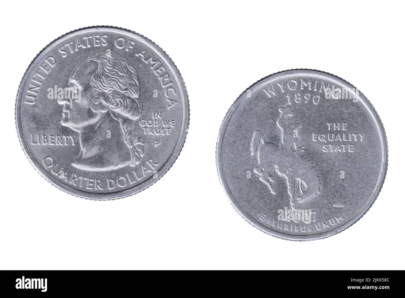 Lati obversi e inversi del Wyoming 2007P state Commemorative Quarter isolato su uno sfondo bianco Foto Stock