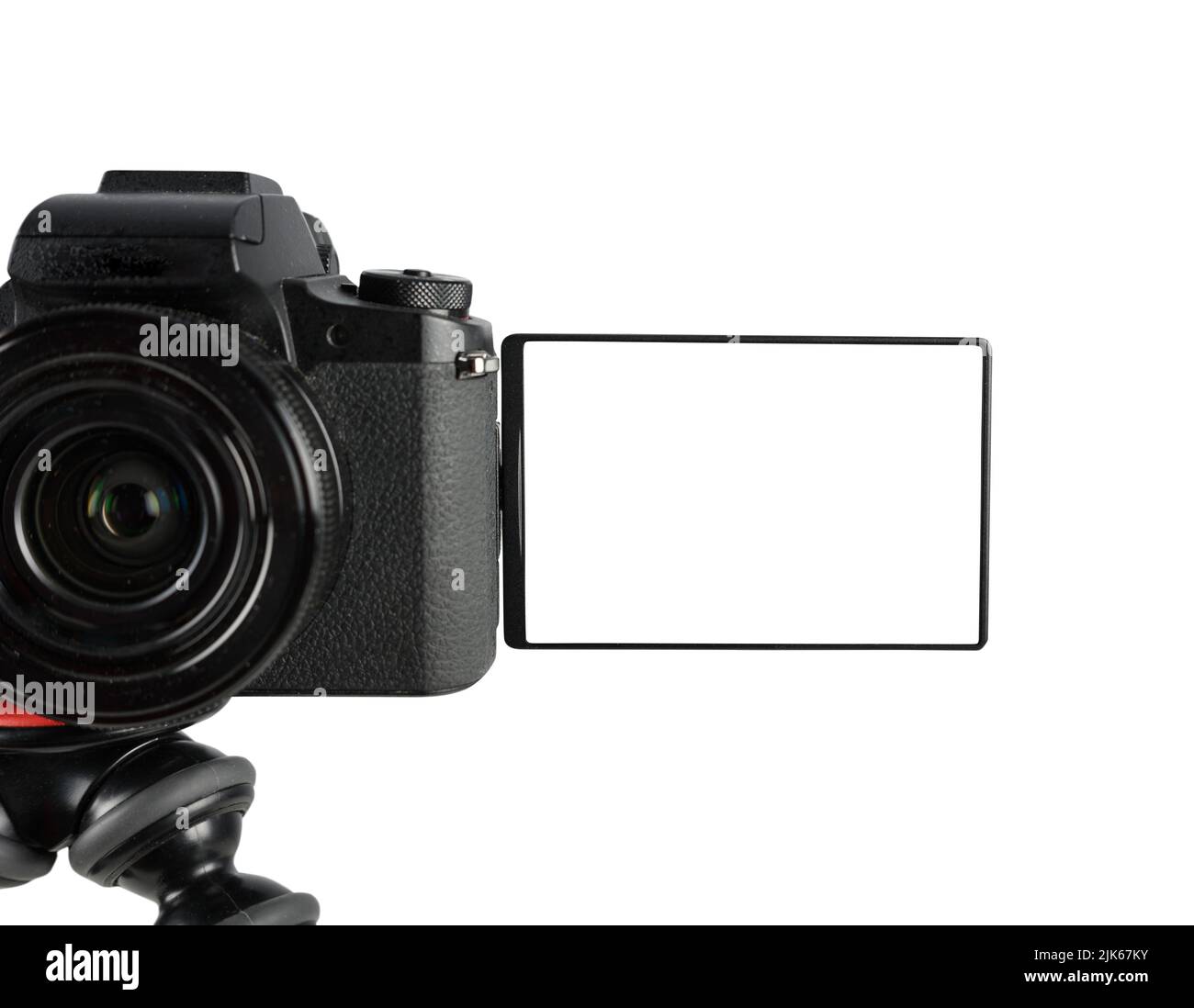Moderna fotocamera mirrorless pronta a registrare con schermo vuoto Foto Stock