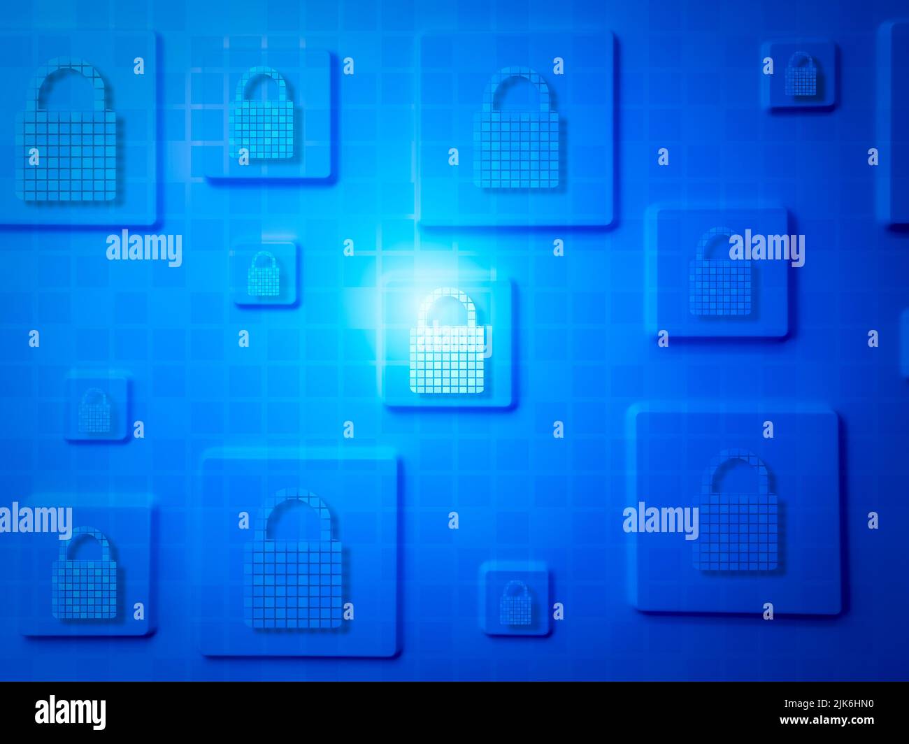 Concetto di sicurezza informatica. Internet cyber protezione dei dati personali. Icona del lucchetto della tecnologia digitale che risplende sul tono blu della sicurezza globale della rete Foto Stock