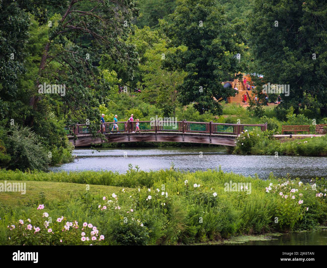 La famiglia attraversa a piedi un ponte panoramico a Kingsville, Missouri. Foto Stock