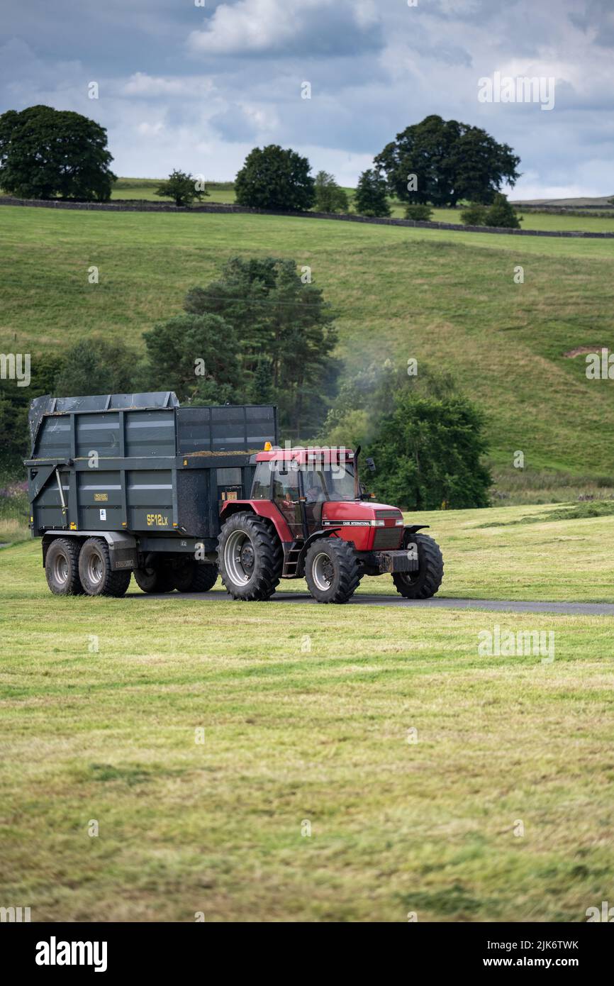 Trattore Case International 5140 4x4 che traina un rimorchio per insilato in un campo, Cumbria, Regno Unito. Foto Stock