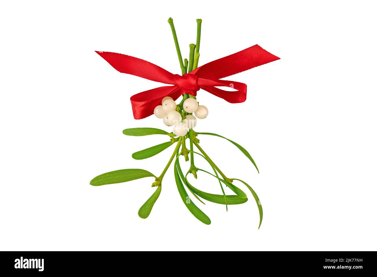 Mazzetto di mistletoe con bacche bianche e foglie verdi legate con arco di raso rosso . Decorazione di Natale isolato su bianco. Foto Stock