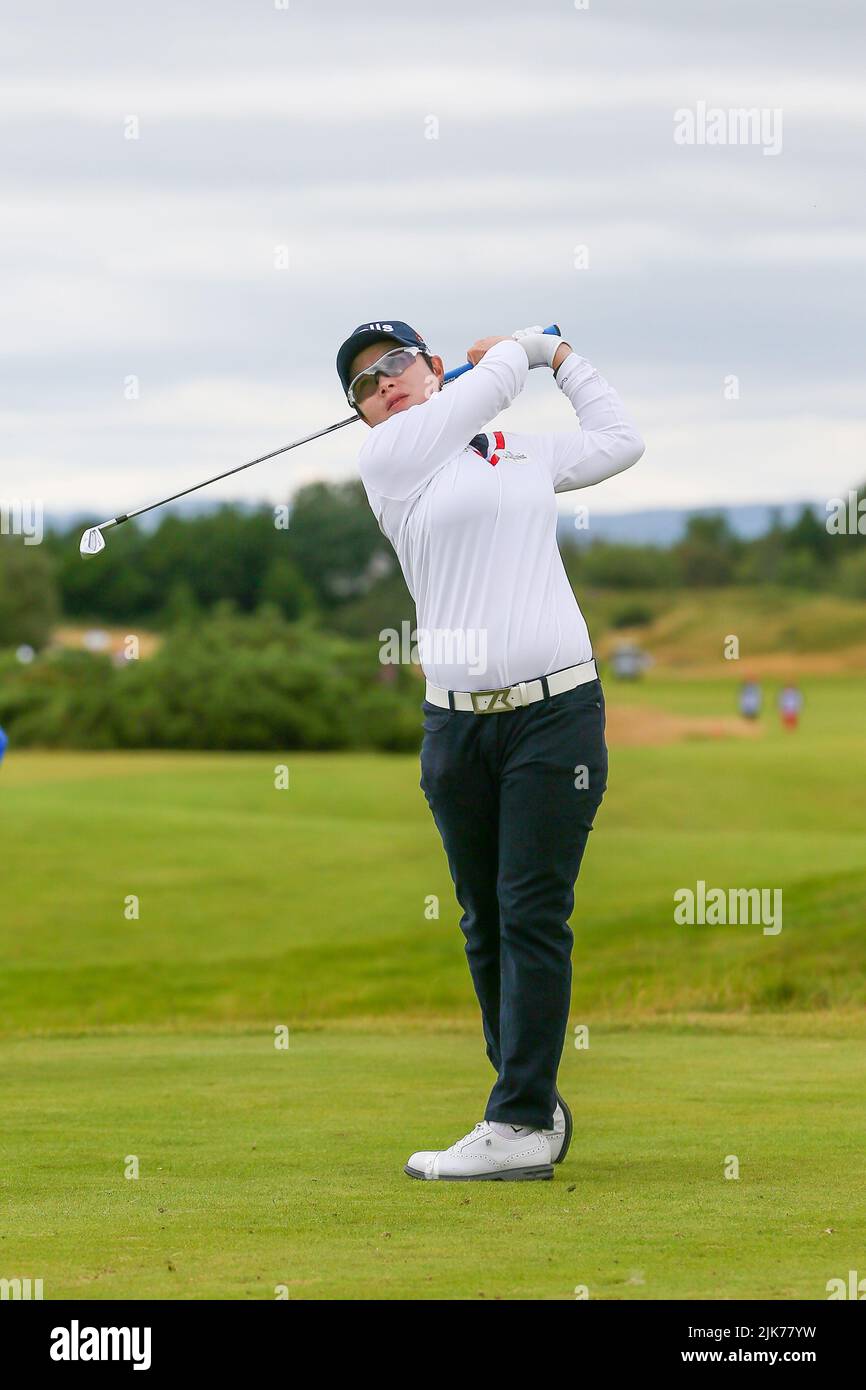 Irvine, Regno Unito. 31st luglio 2022. L'ultimo giorno del Trust Golf Women's Scottish Golf al Dundonald Links Golf Course, Irvine, Ayrshire, Regno Unito, i primi 12 giocatori sono separati da soli 4 colpi. I giocatori stanno giocando per una borsa totale di $2.000.000 e il prestigioso trofeo. Credit: Findlay/Alamy Live News Foto Stock